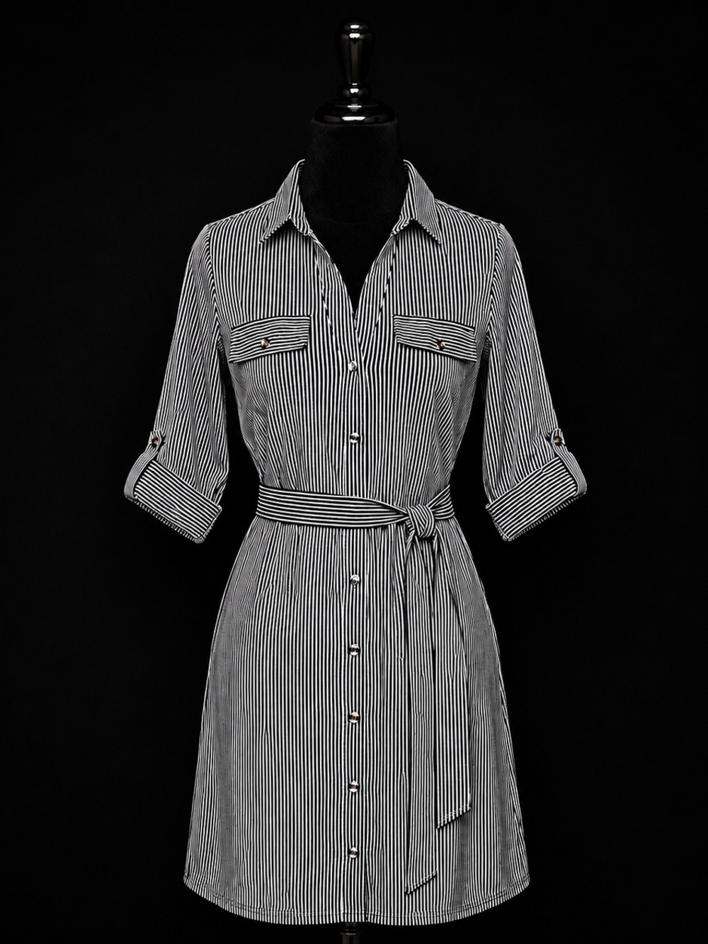 Women’s Striped Shirt Dress with Waist Tie - Black & White